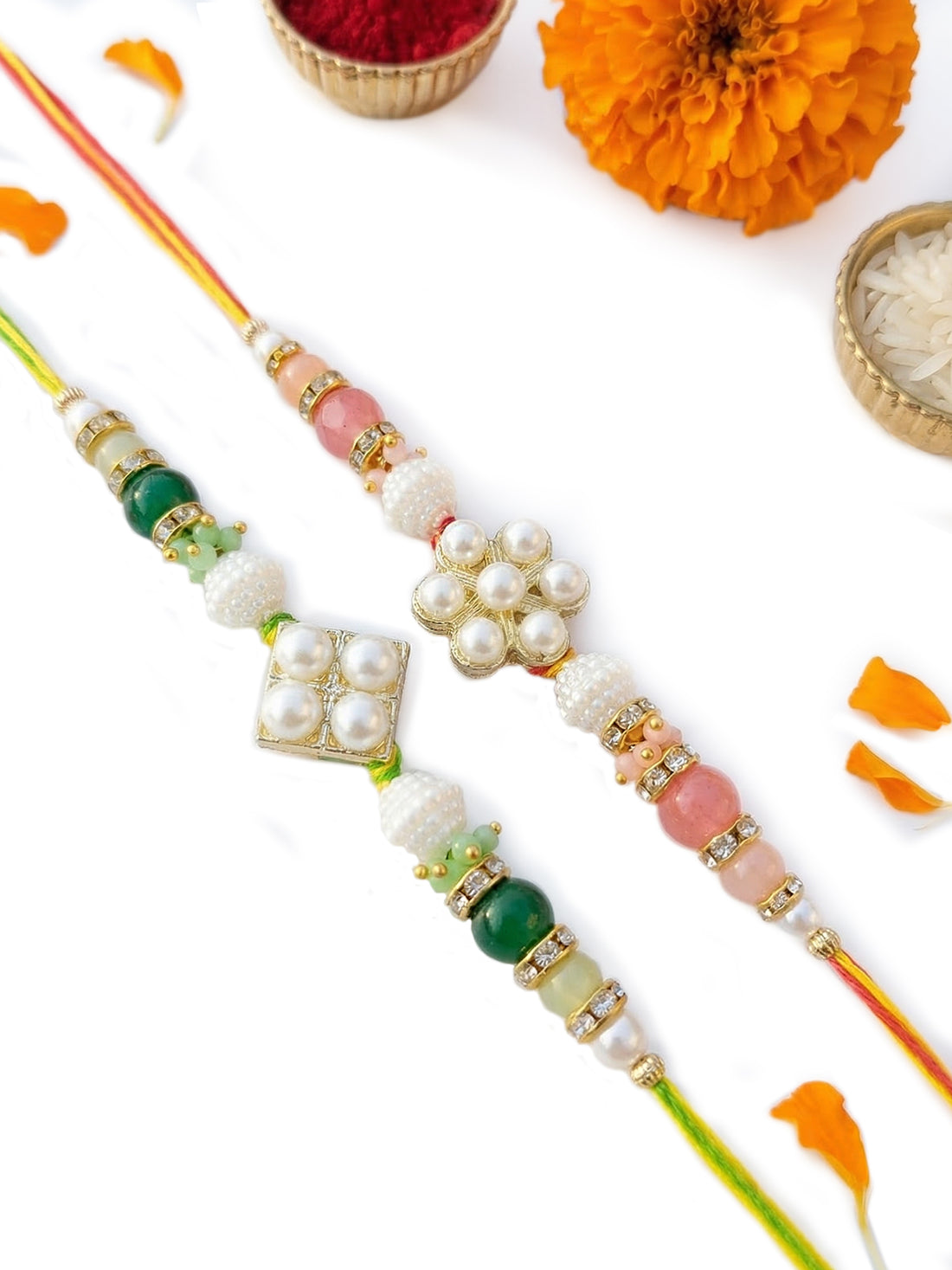 KARATCART Set of 2 Pearl Beads Floral Design Rakhi for Brother with Roli & Chawal