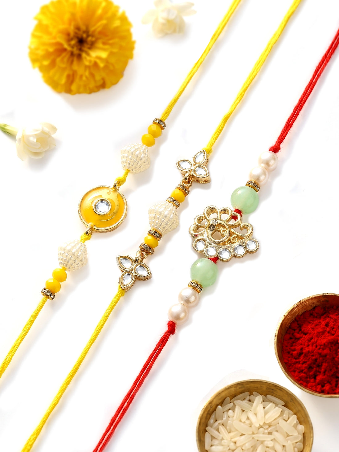 KARATCART Set of 3 Handmade Yellow Meenakari Evil Eye Kundan Rakhis for Brother with Roli & Chawal