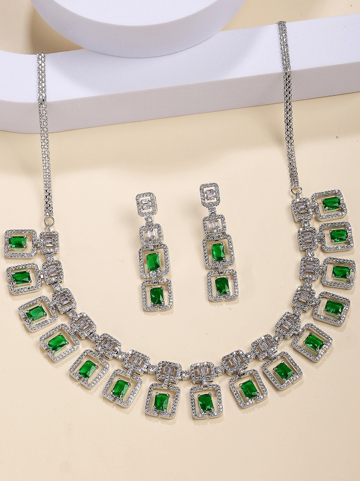 Karatcart Dazzling Silver Plated Green Square American Diamond Necklace Set for Women