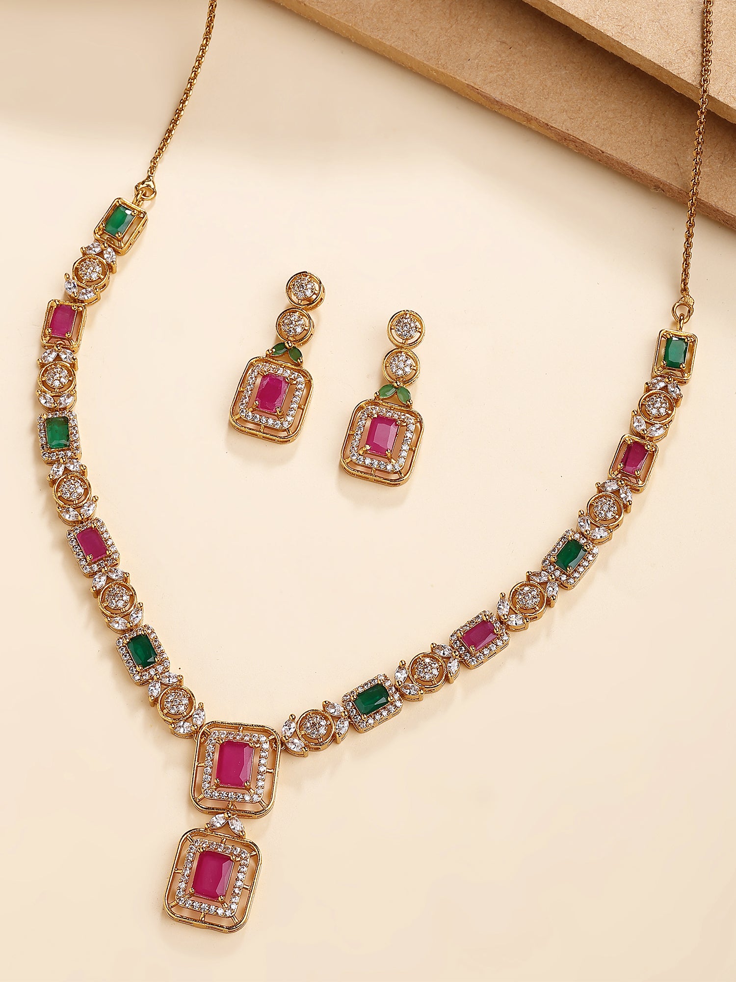 KARATCART Elegant Gold-Plated Pink and Green American Diamond Jewellery Set for Women