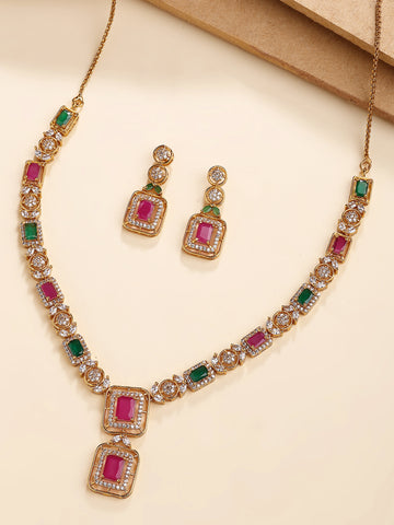 KARATCART Elegant Gold-Plated Pink and Green American Diamond Jewellery Set for Women