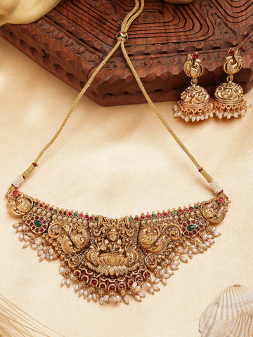 Karatcart Gold Plated Red Beads Laxmi Mata and Peacock Temple Jewellery Set for Women