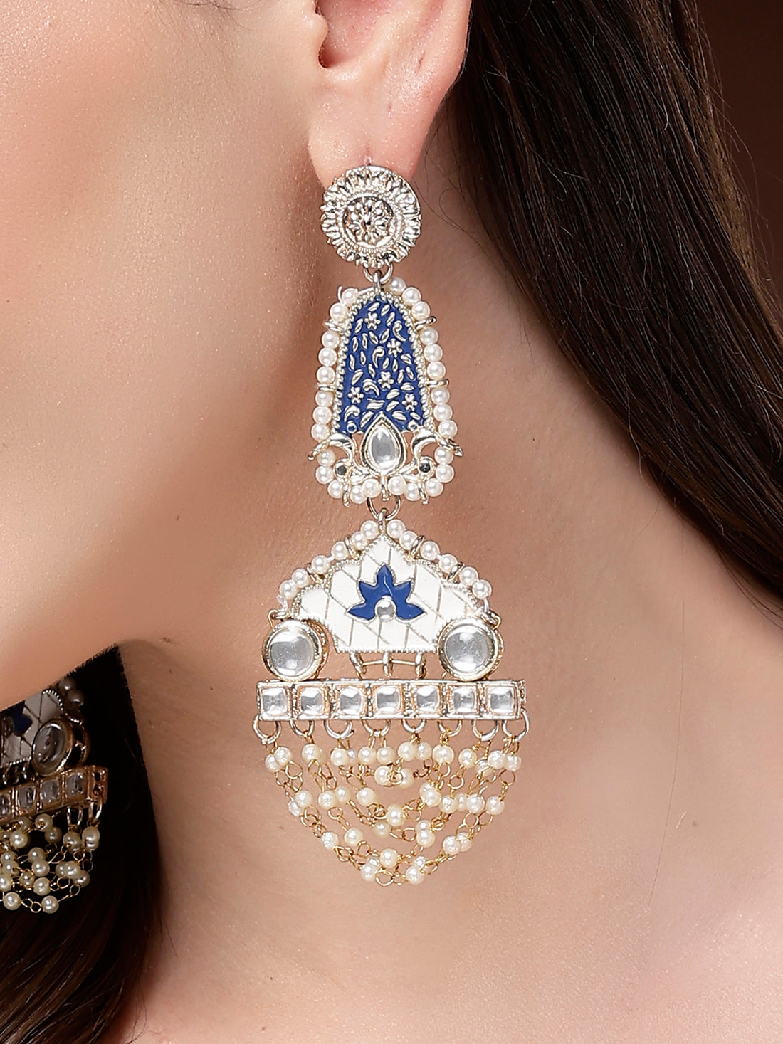 Karatcart Designer Gold Plated Kundan Dangler Earrings with White & Blue Meenakari Work
