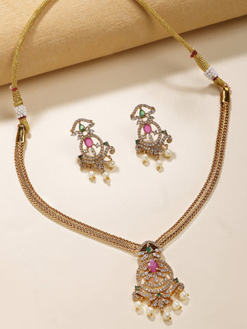 Karatcart Elegant Pink Stone Floral Design Gold Plated Necklace Set for Women