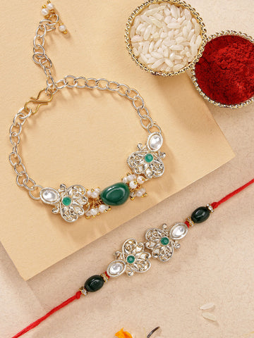 KARATCART Green Stone Gold Plated Handmade Kundan Bhaiya Bhabhi Rakhi with Roli & Chawal