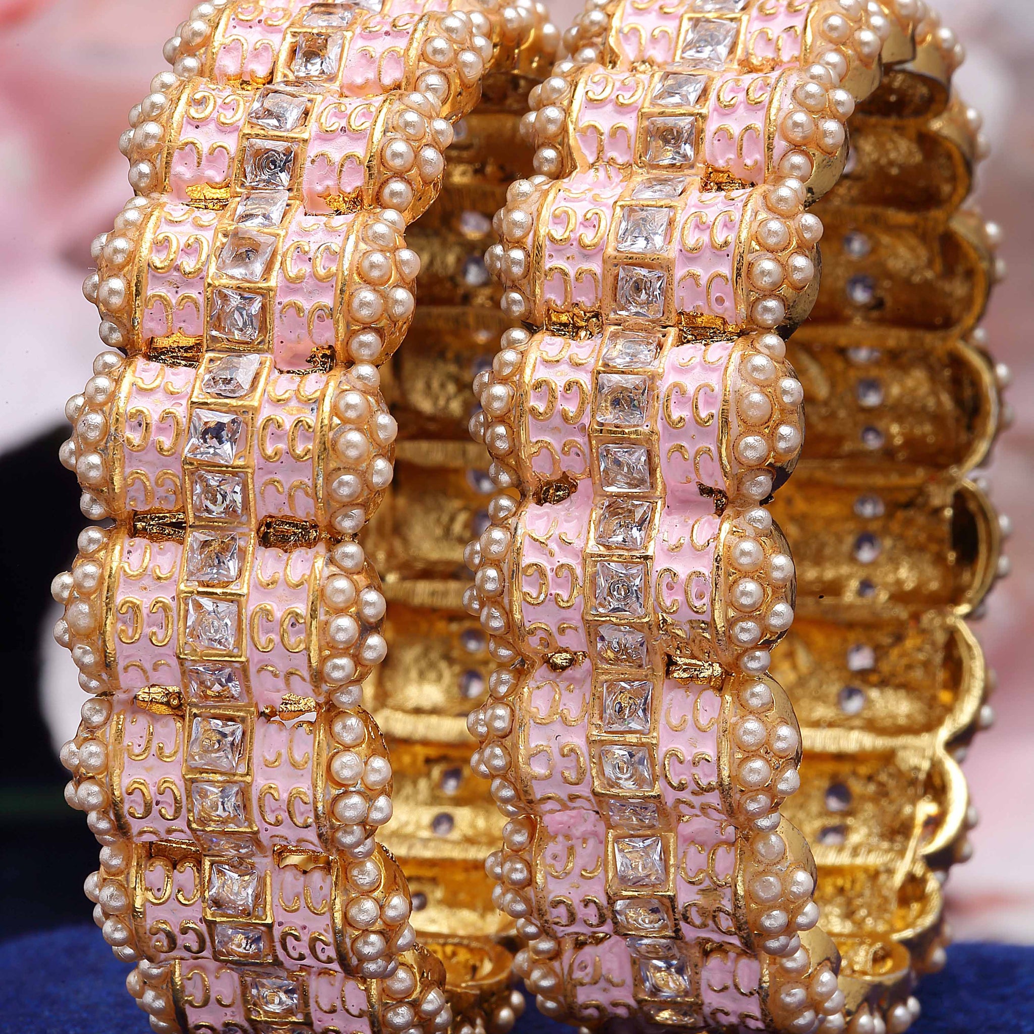 Karatcart Gold Plated Pink Meena Kundan Rajwadi Bangles Set for Women