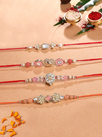KARATCART Set of 4 Pink Pearl Beaded Designer Kundan Rakhi for Brother with Roli & Chawal