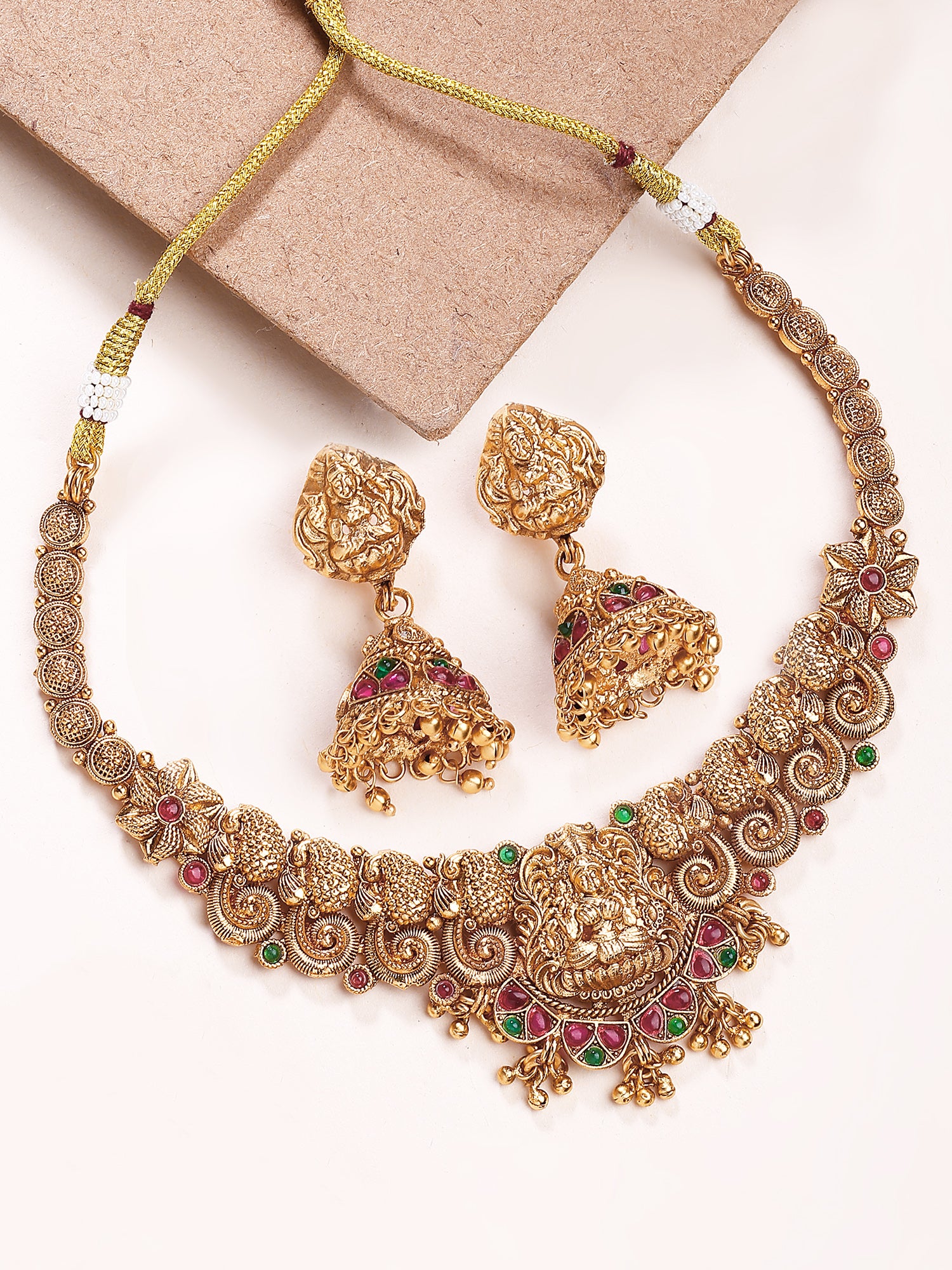 KARATCART Traditional Gold-Plated Laxmi Mata Temple Jewellery Set for Women