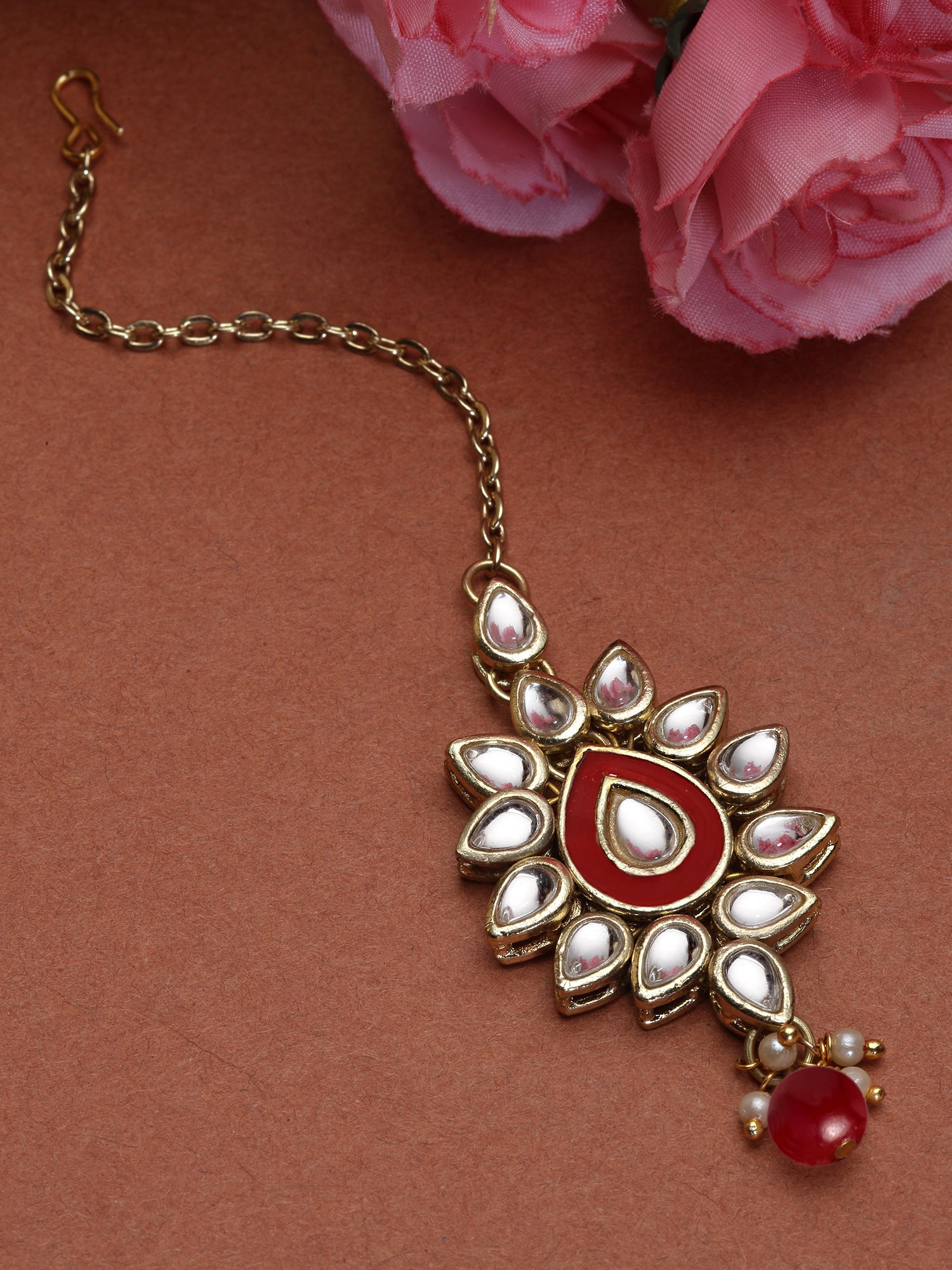 Karatcart Gold Plated Red Meena Kundan Maangtikka for Women