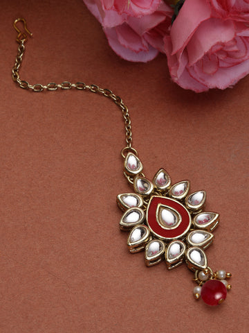 Karatcart Gold Plated Red Meena Kundan Maangtikka for Women