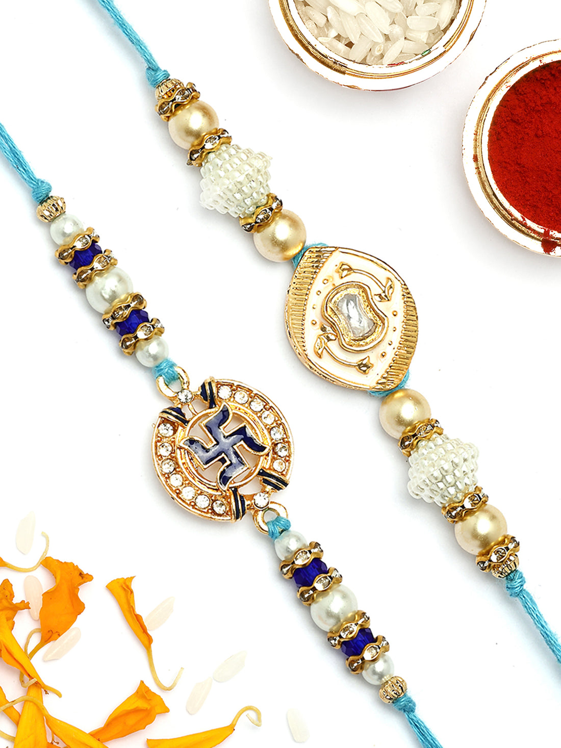 KARATCART Set of 2 White and Blue Swastik Design Enamel Kundan Rakhi for Brother with Roli & Chawal
