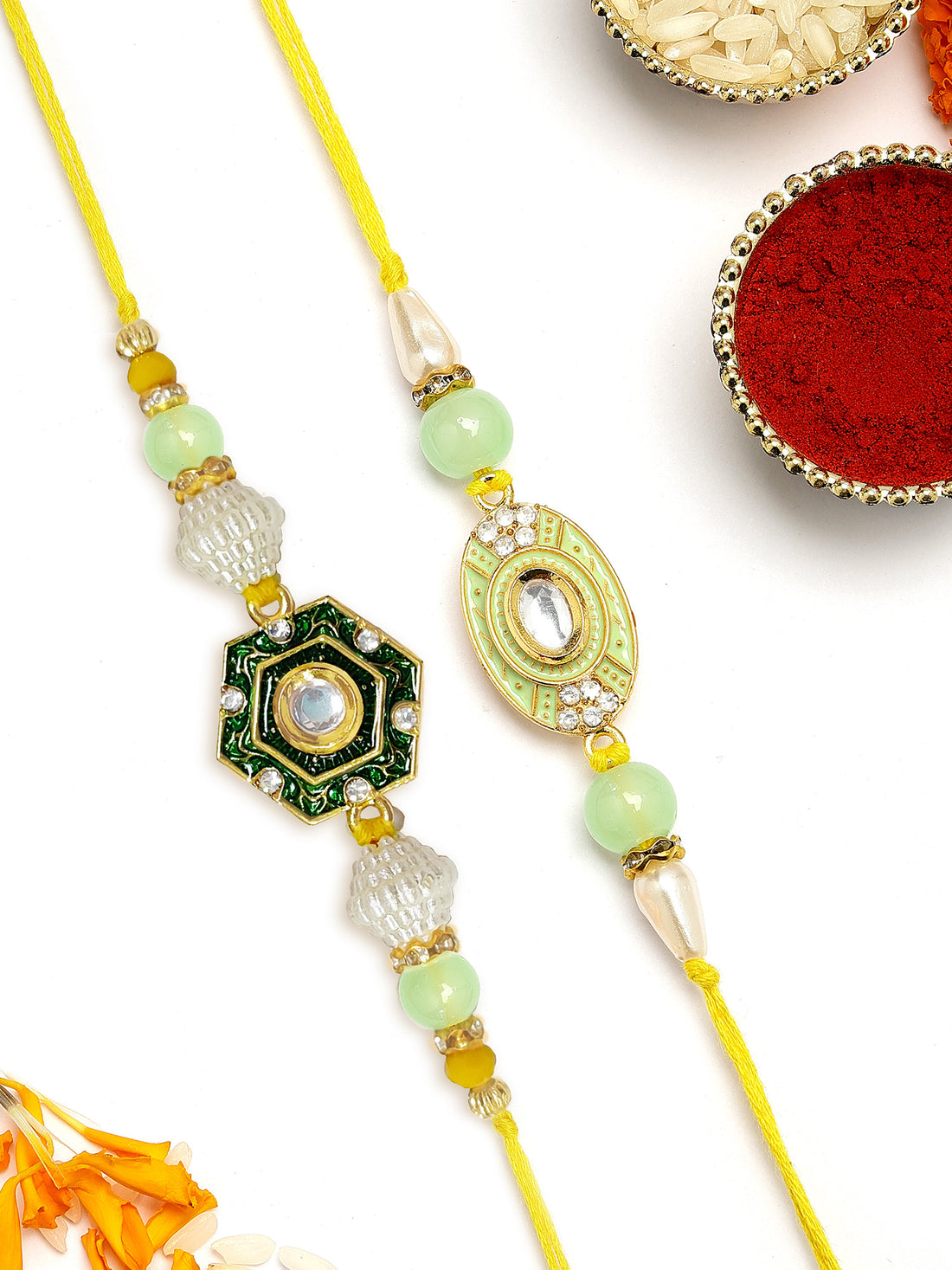 KARATCART Set of 2 Green and Lime Green Handmade Kundan Rakhi for Brother with Roli & Chawal