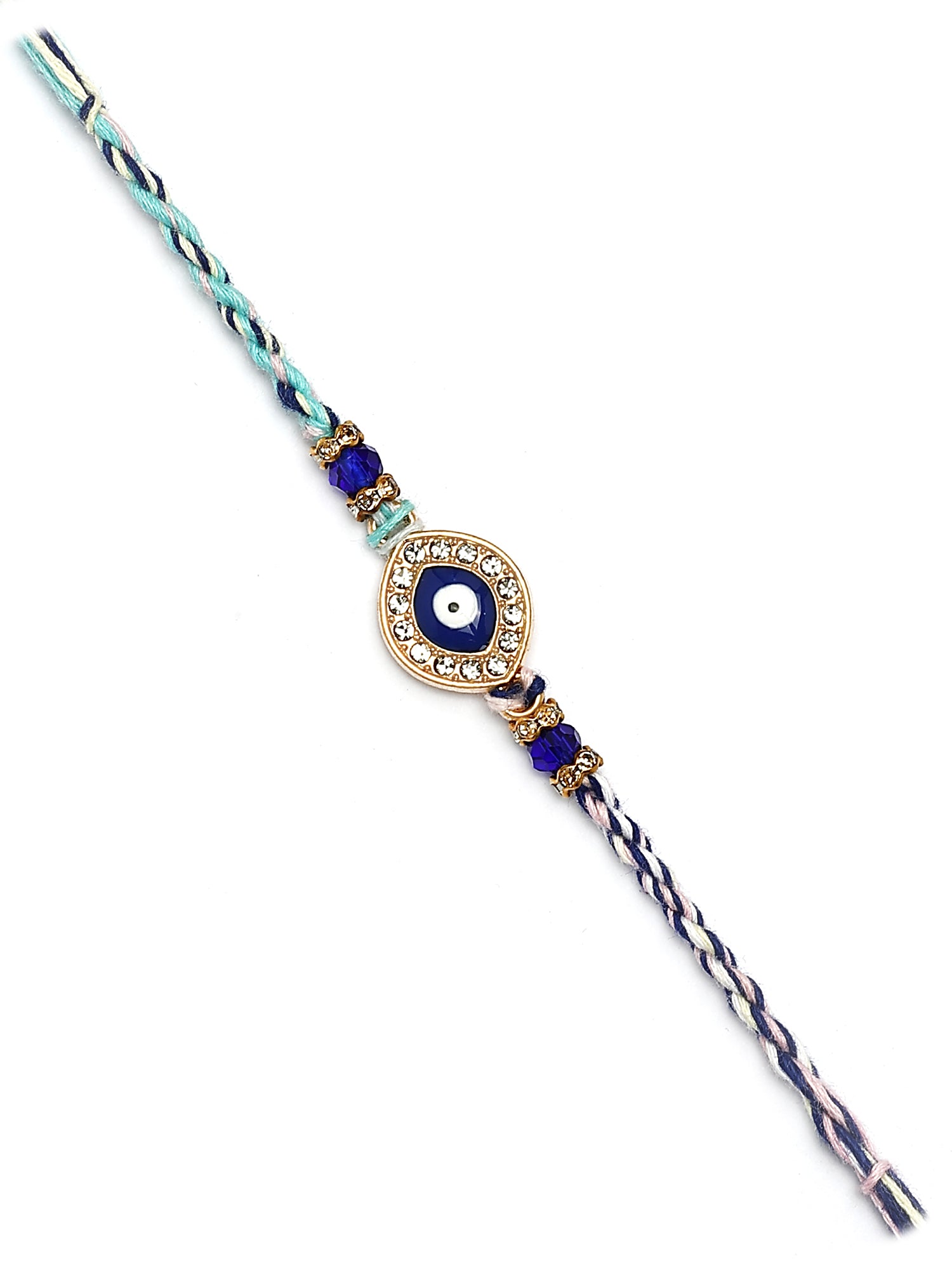 Karatcart Gold Plated Blue Evil Eye and American Diamond Bhiya Rakhi with Roli & Chawal