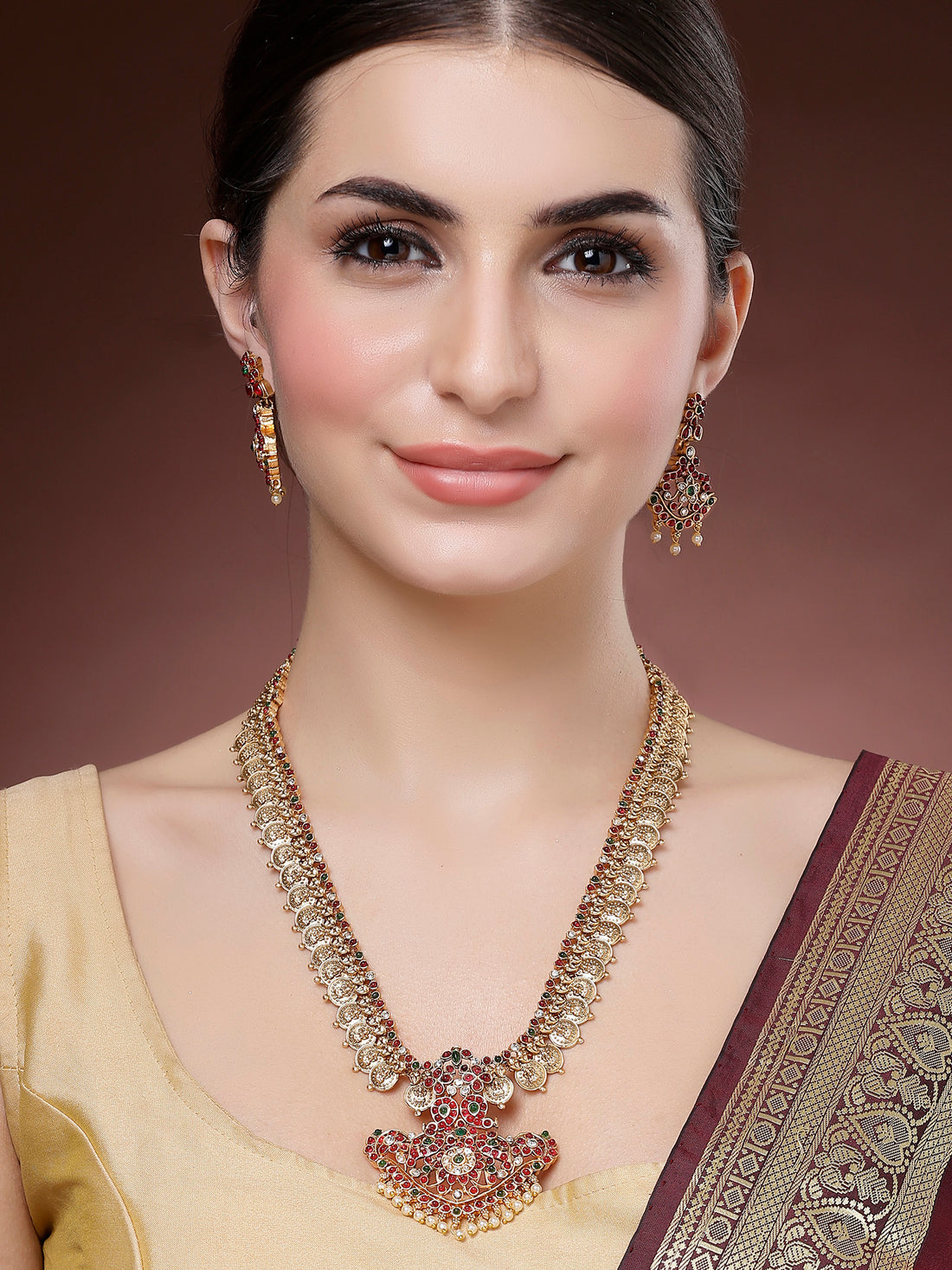 Karatcart Gold Plated Red Stone Rani Haar Temple Jewellery Set for Women
