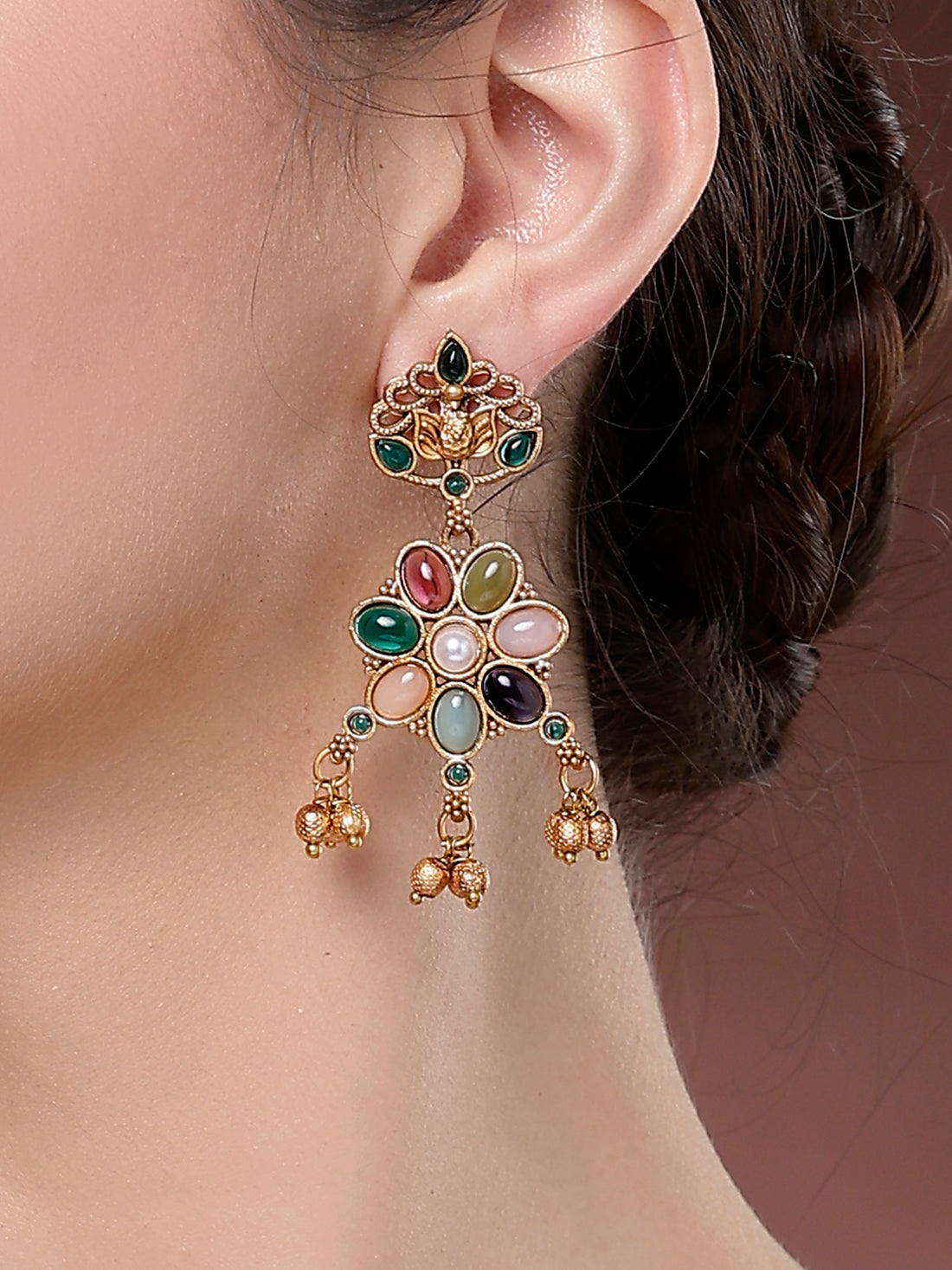 Karatcart Designer Gold-Plated Multicolor Floral Drop Earrings with Lotus Motif for Women