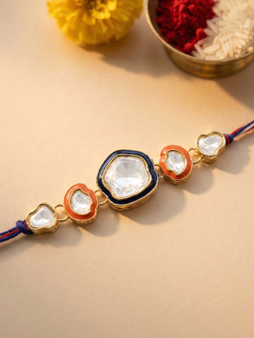 KARATCART Gold Plated Red and Blue Meenakari Polki Kundan Bhaiya Rakhi with Roli & Chawal