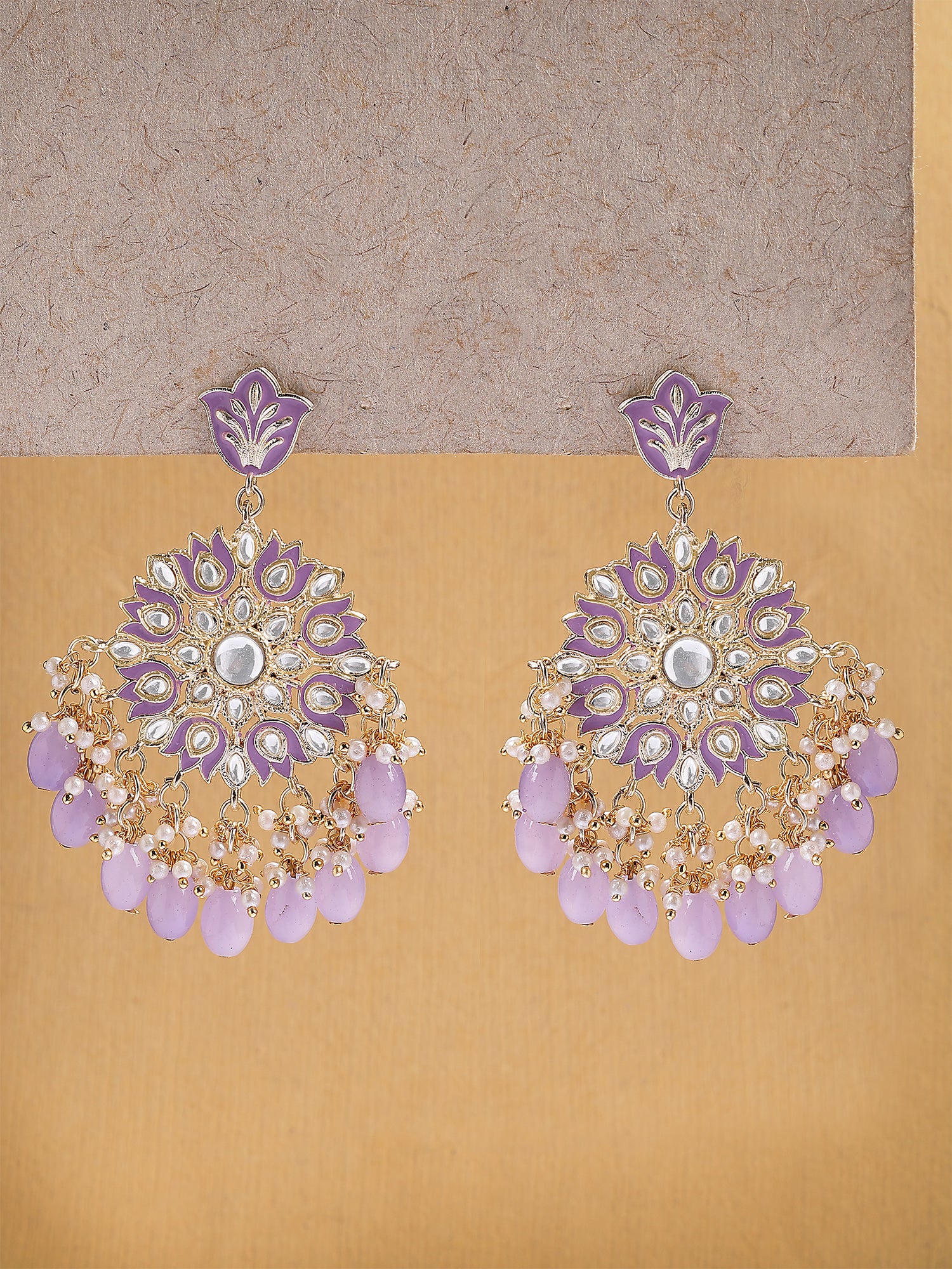 Karatcart Ethnic Purple Meenakari and Gold-Plated Kundan Dangler Earrings with Lavender Beads