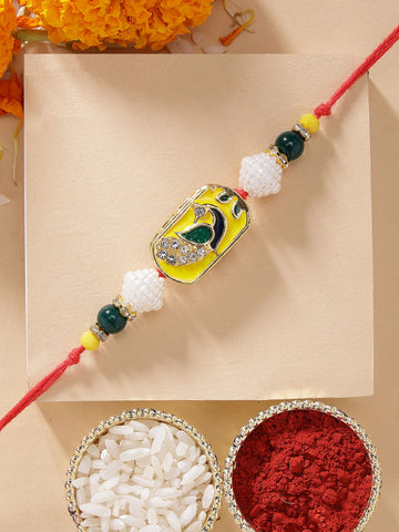 KARATCART Elegant Peacock Design Yellow Meenakari Handmade Rakhi for Brother with Roli Chawal