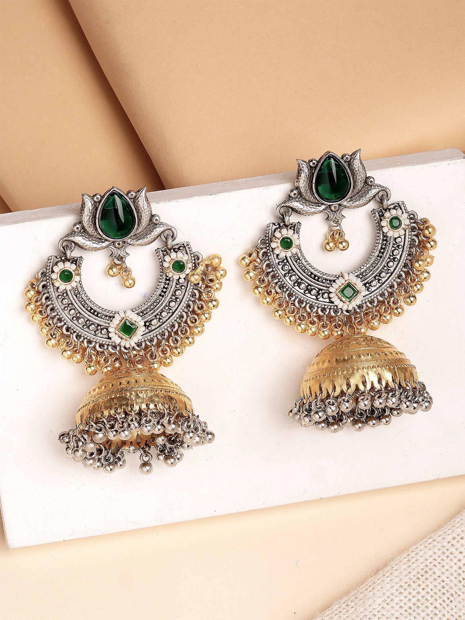 Karatcart Designer Oxidized Silver and Gold Plated Green Lotus Motif Dual-Tone Jhumka Earrings
