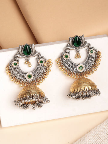 Karatcart Designer Oxidized Silver and Gold Plated Green Lotus Motif Dual-Tone Jhumka Earrings