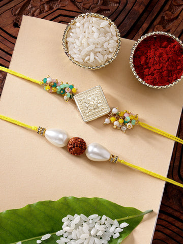 KARATCART Set of 2 Crystal and Rudraksha Handmade Kundan Rakhi for Brother with Roli & Chawal