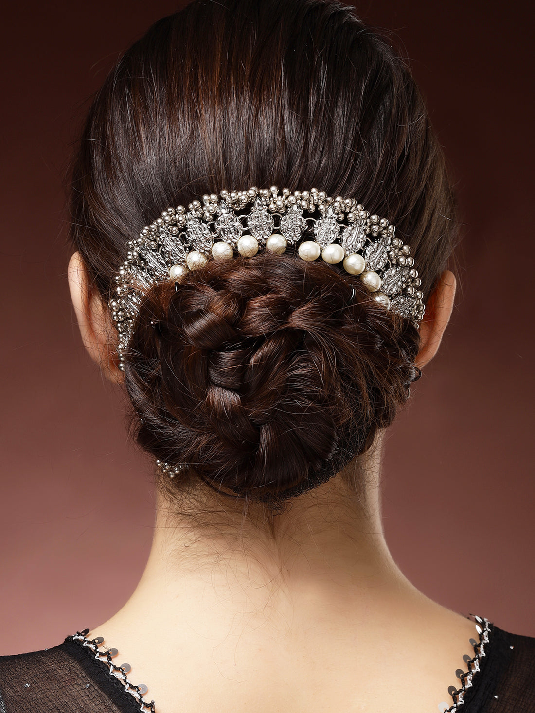 Karatcart Traditional Oxidised Silver Kundan Hair Juda with Pearl Embellishments for Women