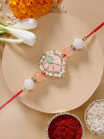 KARATCART Special Peach Meenakari Handmade Heart Shape Kundan Rakhi for Brother with Roli & Chawal