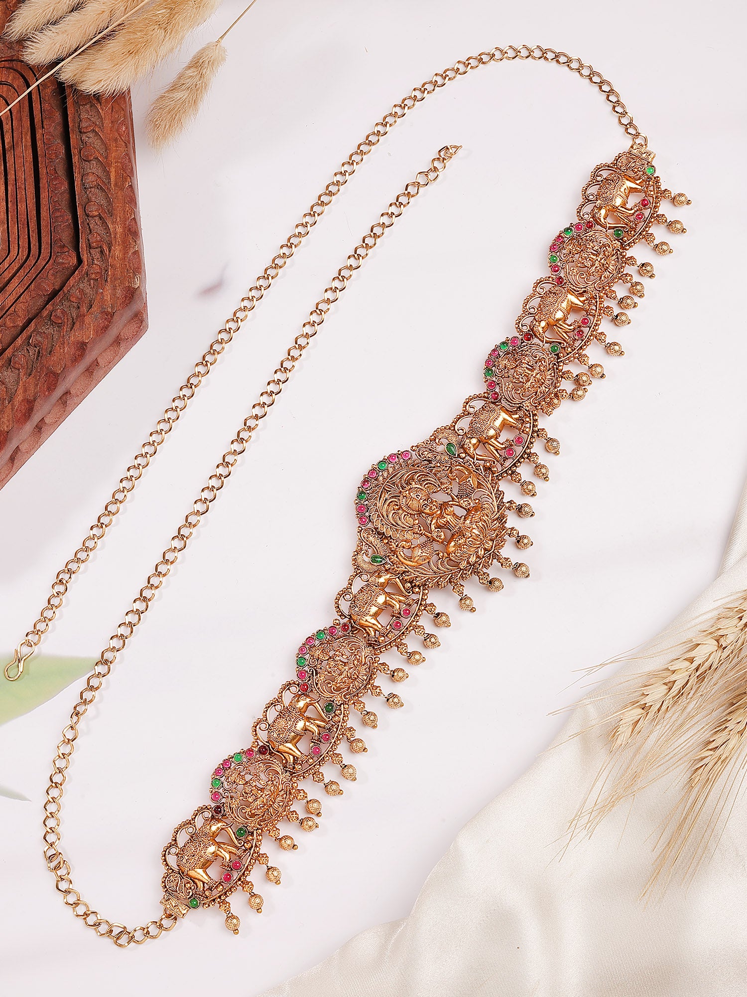 Karatcart Ethnic Temple Style Gold Plated Goddess Lakshmi Mata and Elephant Kamarbandh