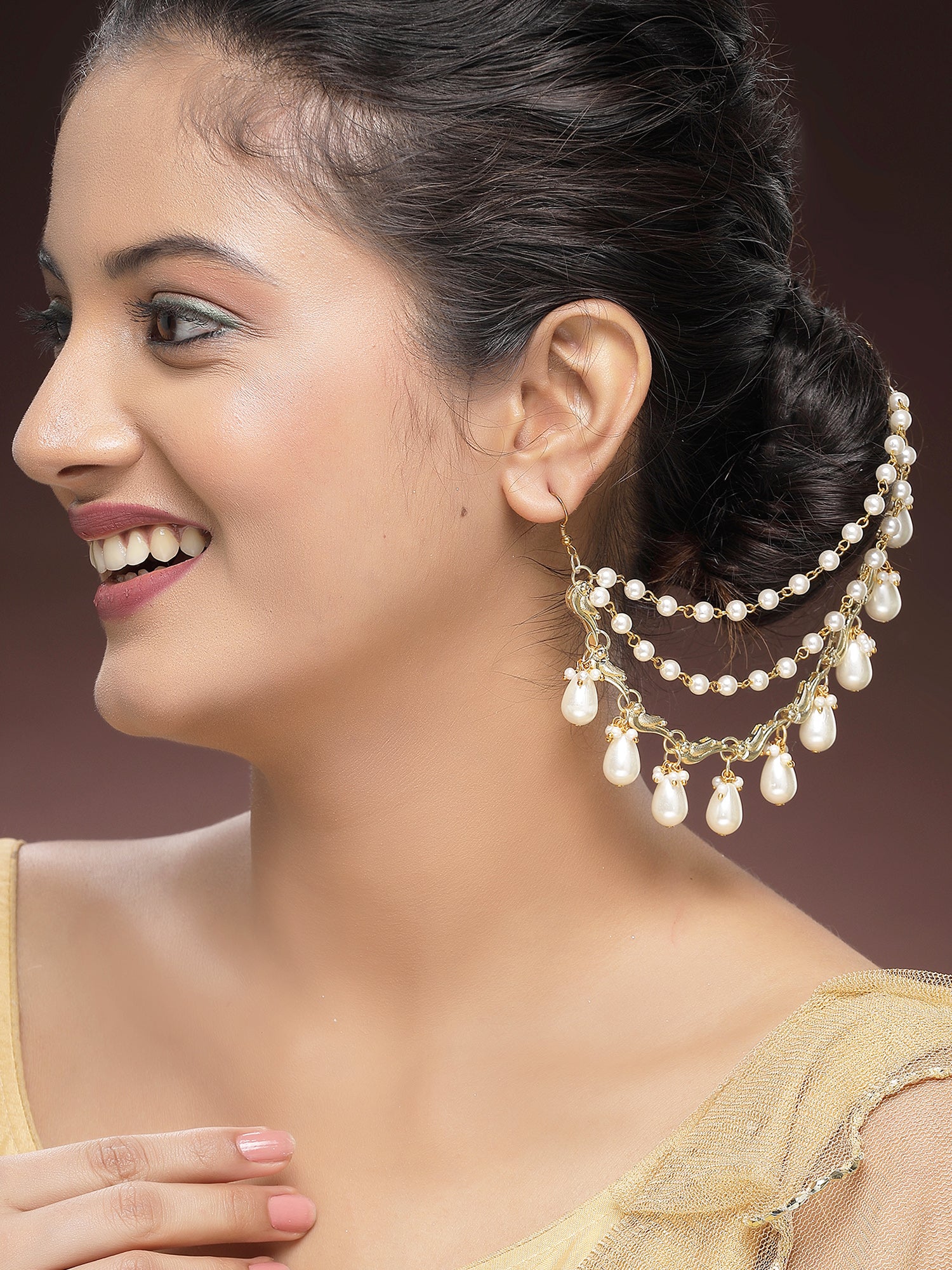 KARATCART Traditional Gold-Plated Peacock Kundan and Pearl Kaanchain Earrings for Women - view 3