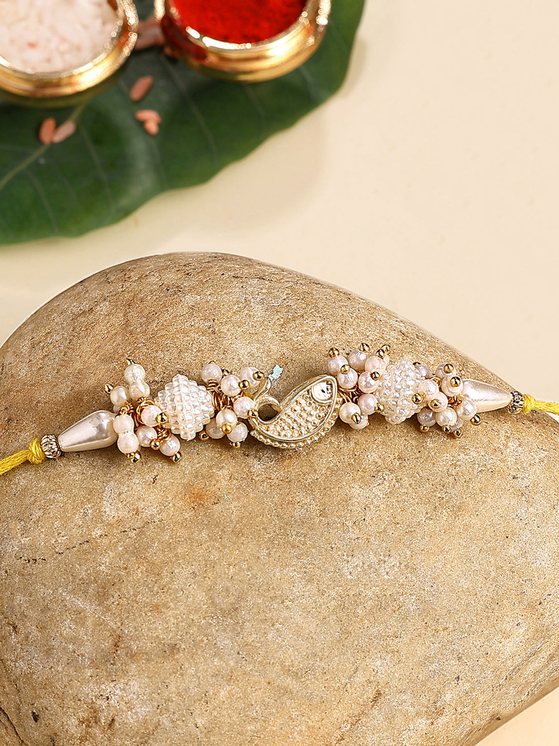 Karatcart Gold Plated Fish Design Kundan Bhiya Rakhi with Roli & Chawal