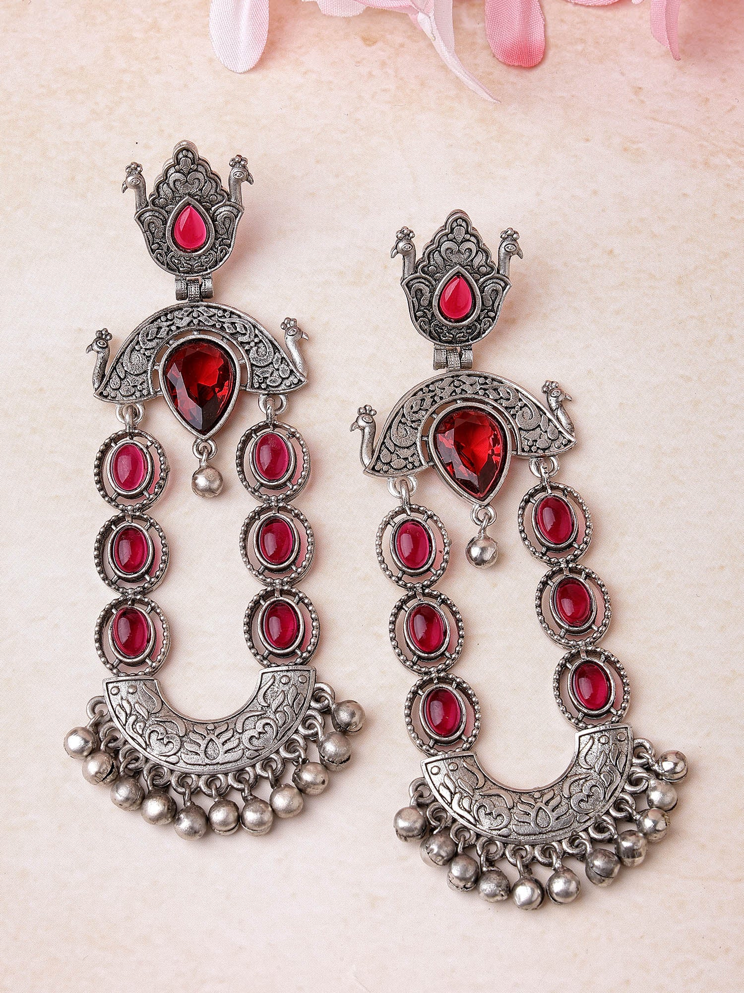 Karatcart Oxidised Silver Red Stone Dangler Earrings for Women
