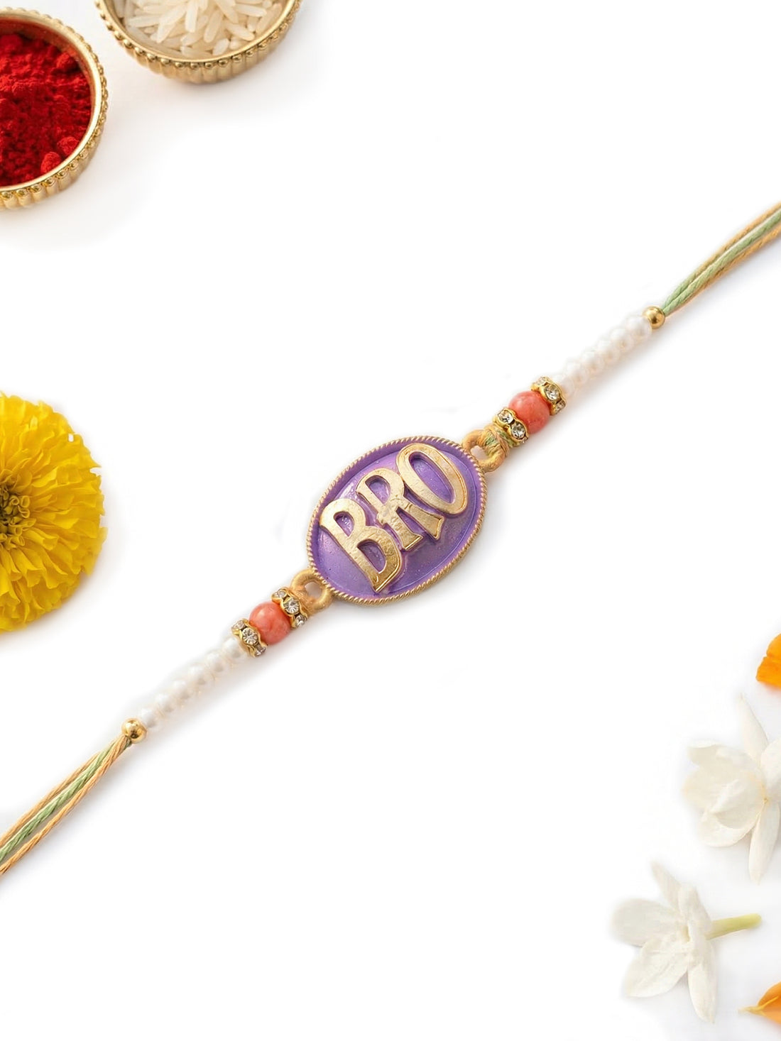 KARATCART Gold Plated Purple Meenakari BRO Letter Bhaiya Rakhi with Roli & Chawal