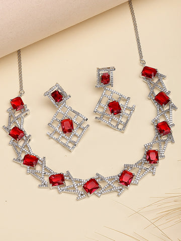 Karatcart Elegent Net Design Red American Diamond Necklace Set for Women