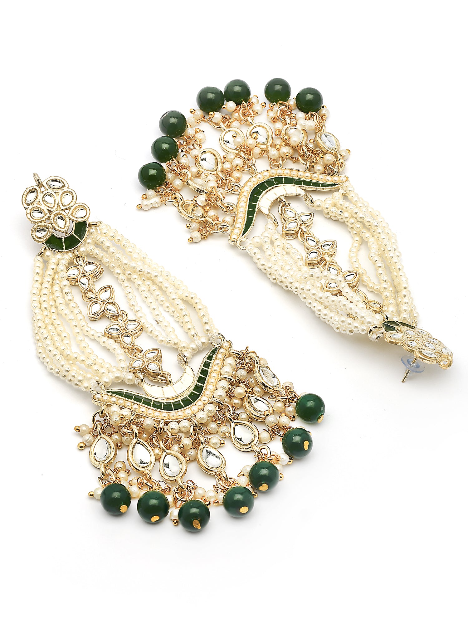 Karatcart Designer Green Beads and Pearl Gold-Plated Long Kundan Dangler Earrings for Women - view 5