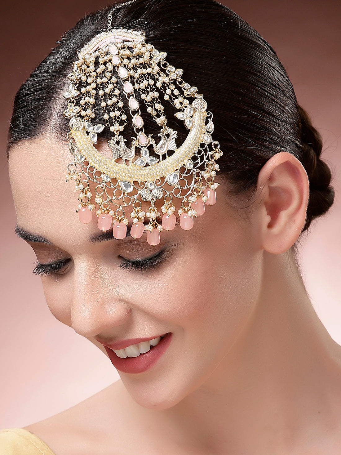 Karatcart Gold Plated Royal Pink Tumble Studded Kundan Passa for Women