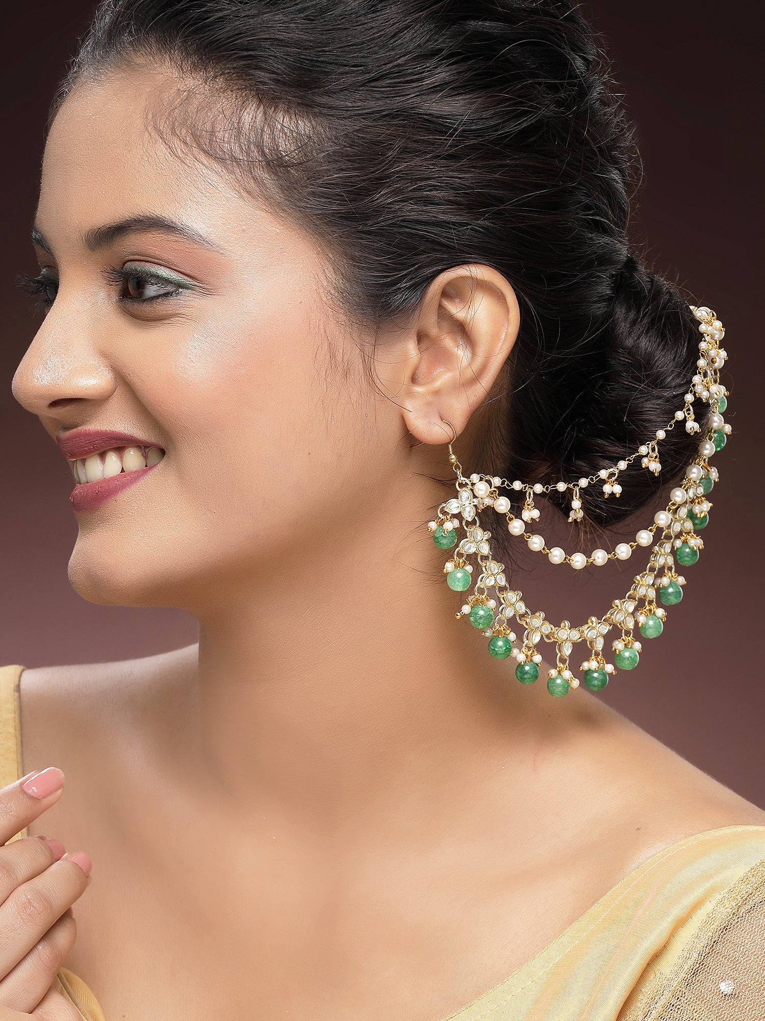 KARATCART Traditional Gold-Plated Green Beads Floral Kundan Kaanchain Earrings for Women - Image 1