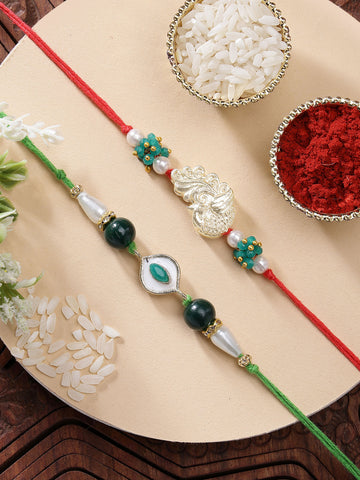 KARATCART Set of 2 Green Evil Eye and Peacock Kundan Handmade Rakhi for Brother with Roli & Chawal
