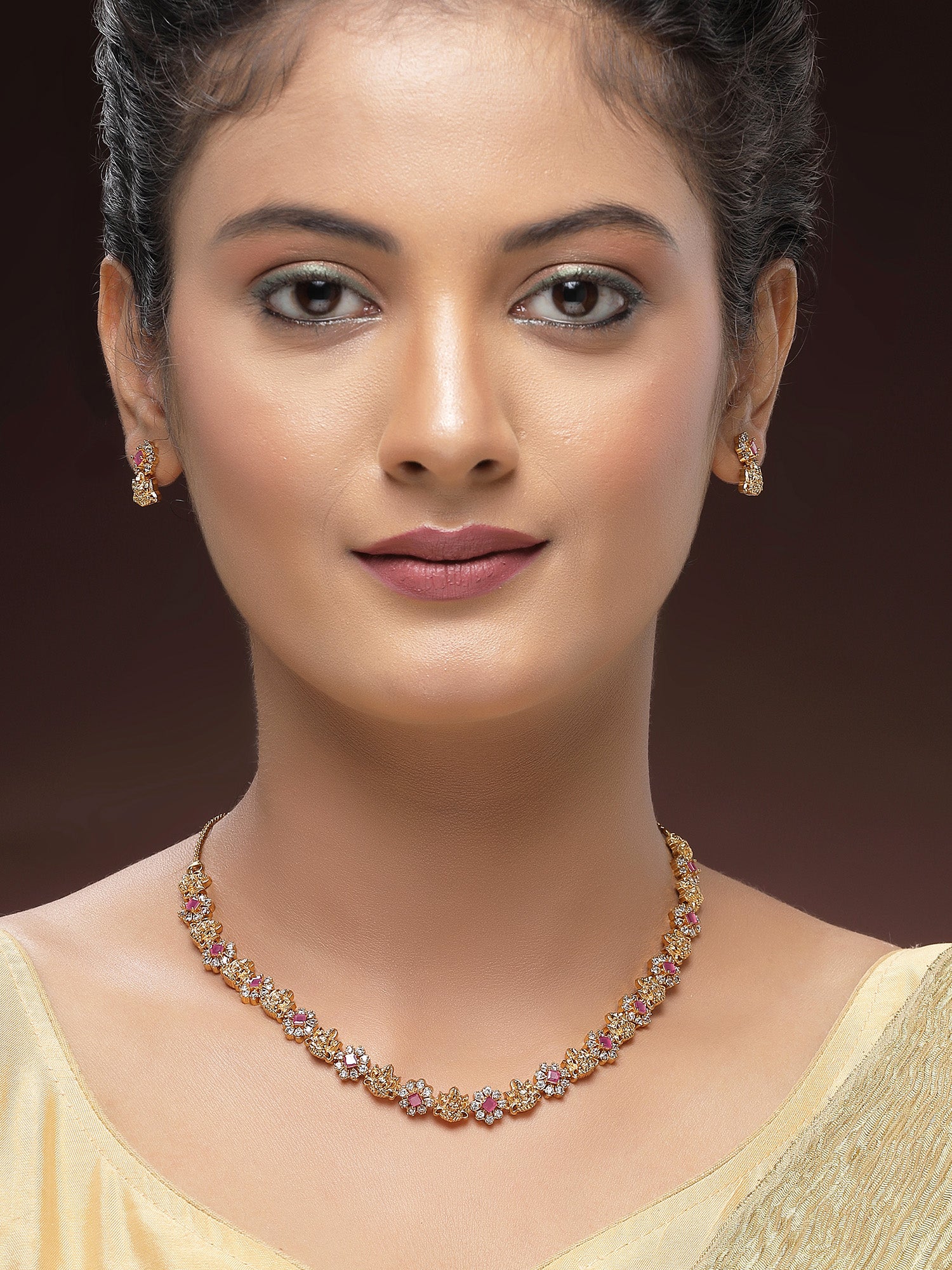 KARATCART Traditional Gold-Plated Laxmi Mata Red American Diamond Temple Jewellery Set for Women - view 3