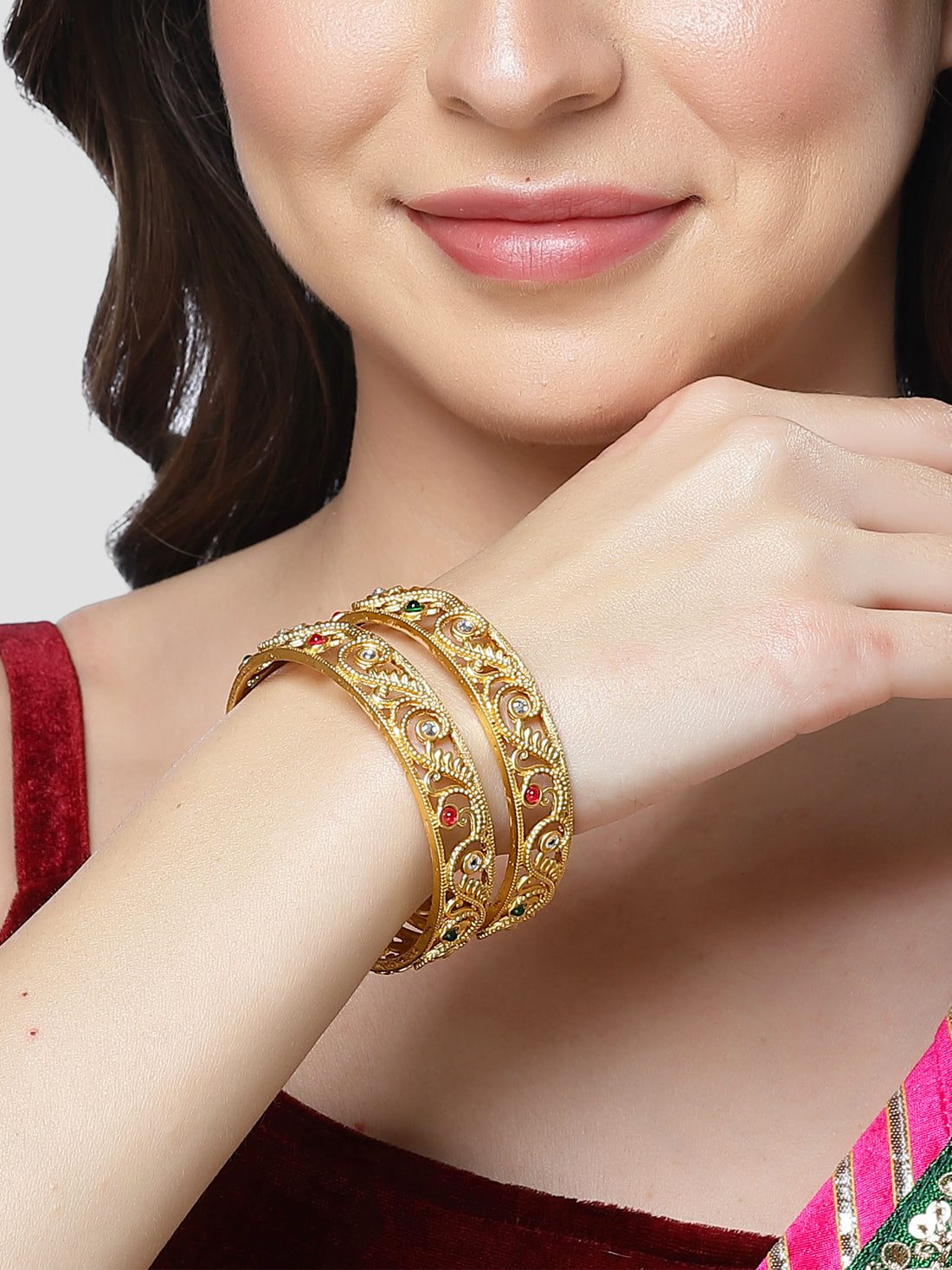 Karatcart Gold Plated Set of 2 Swirl Design Multicolor Stone Studded Bangles for Women
