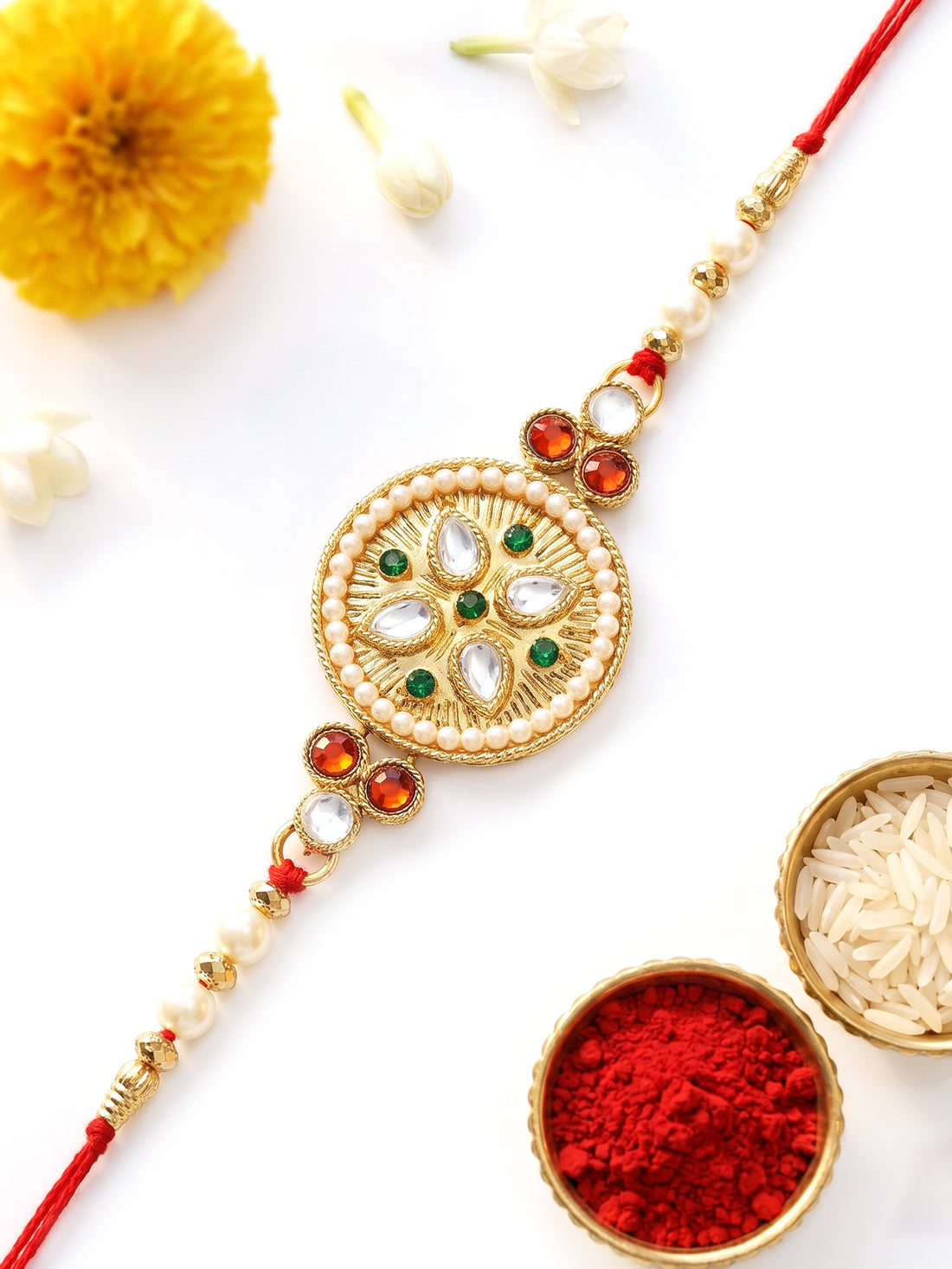 KARATCART Traditional Floral Design Stone Studded Handmade Rakhi for Brother with Roli Chawal