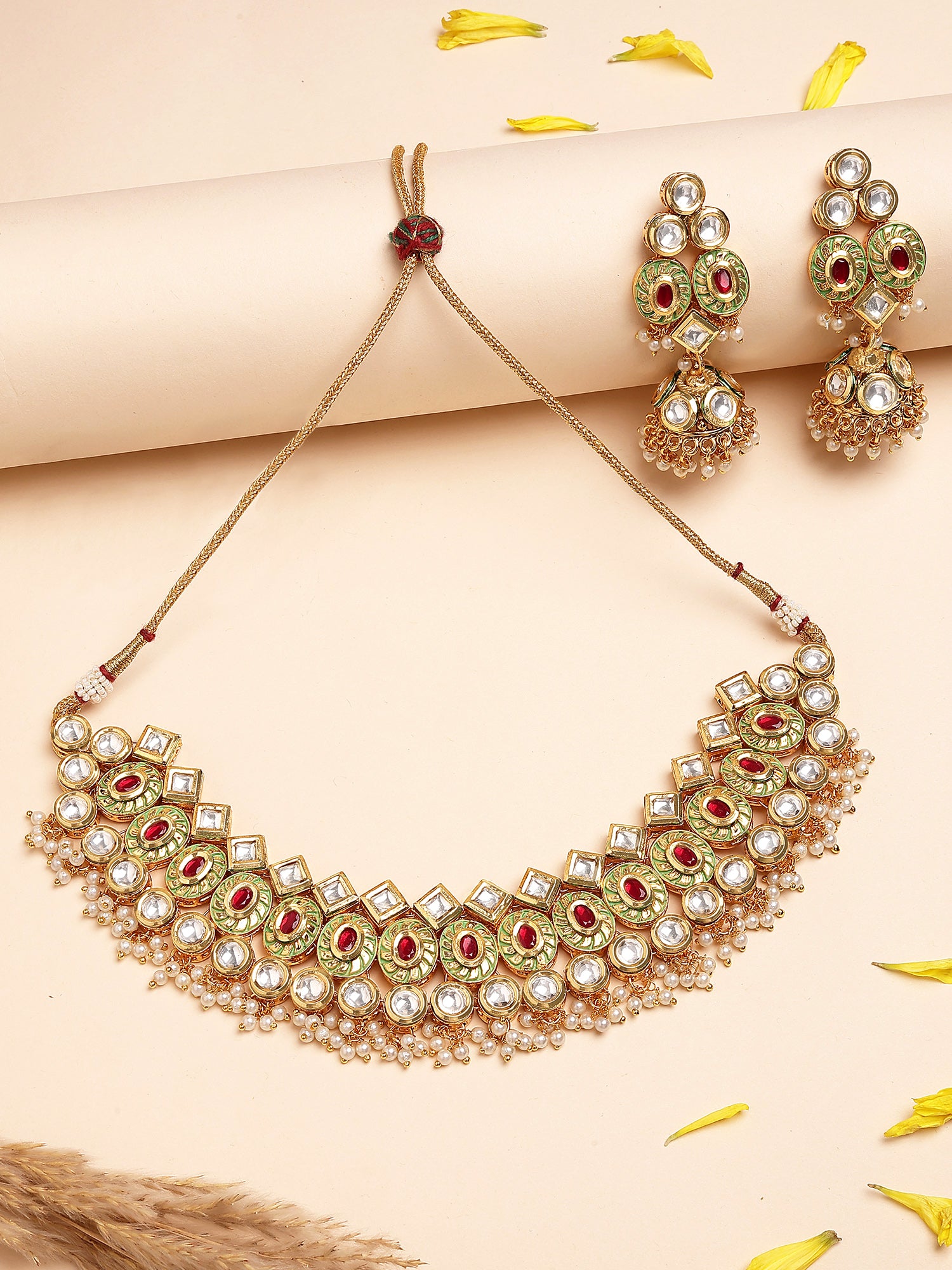 Karatcart Gold Plated Polki Kundan Choker Necklace Set with Red and Green Enamel for Women