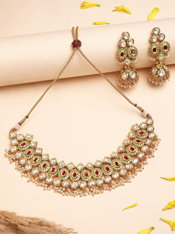 Karatcart Gold Plated Polki Kundan Choker Necklace Set with Red and Green Enamel for Women