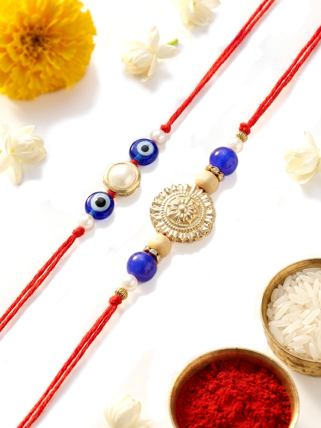 KARATCART Set of 2 Evil Eye and Pearl Handmade Kundan Rakhi for Brother with Roli and Chawal