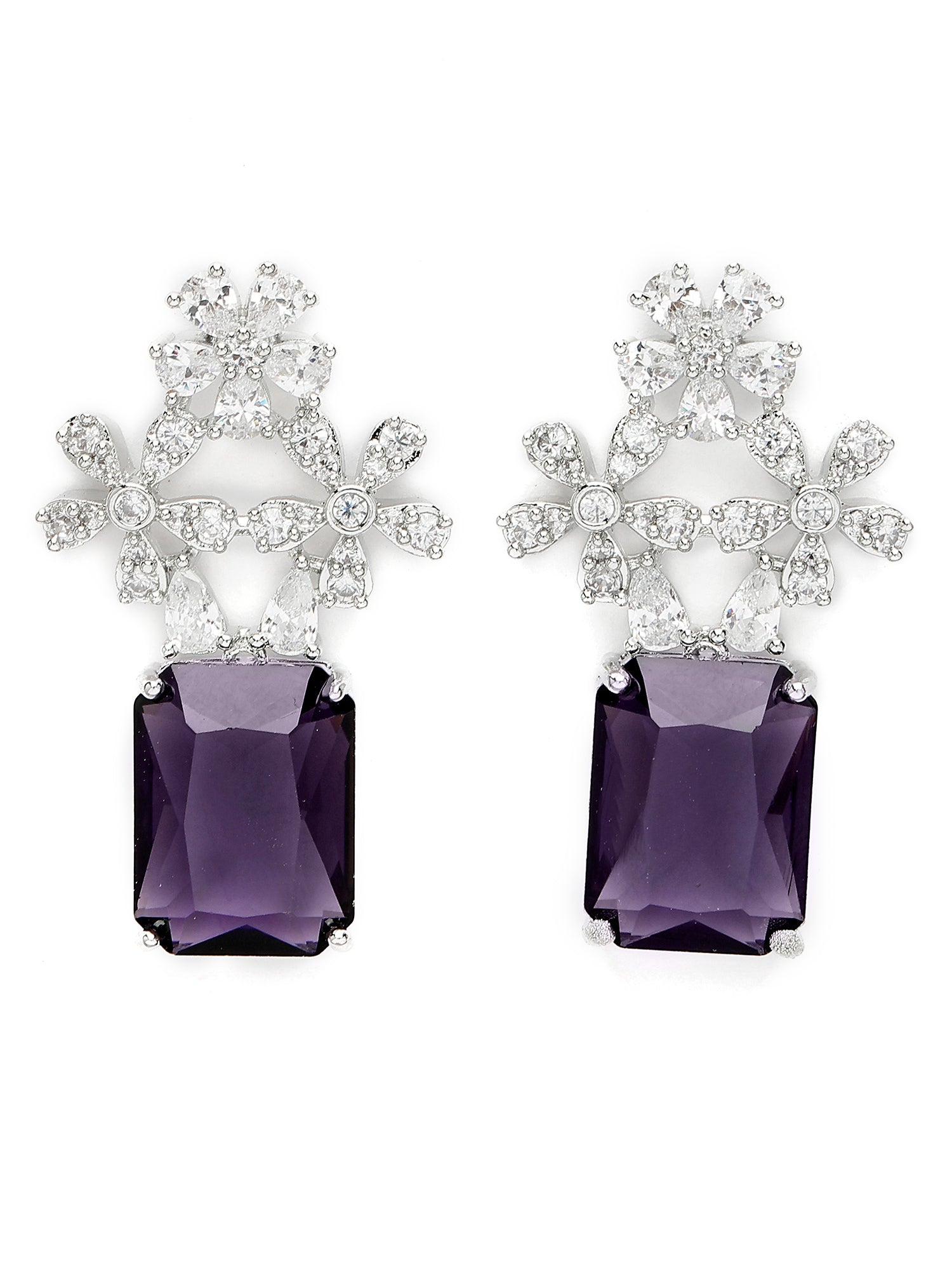 Karatcart Silver Plated Floral Shape Purple American Diamond Studs for Women