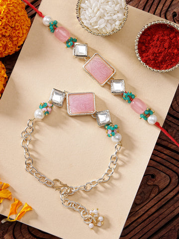 KARATCART Pink Carved Stone Green Crystal Handmade Kundan Bhaiya Bhabhi Rakhi with Roli & Chawal