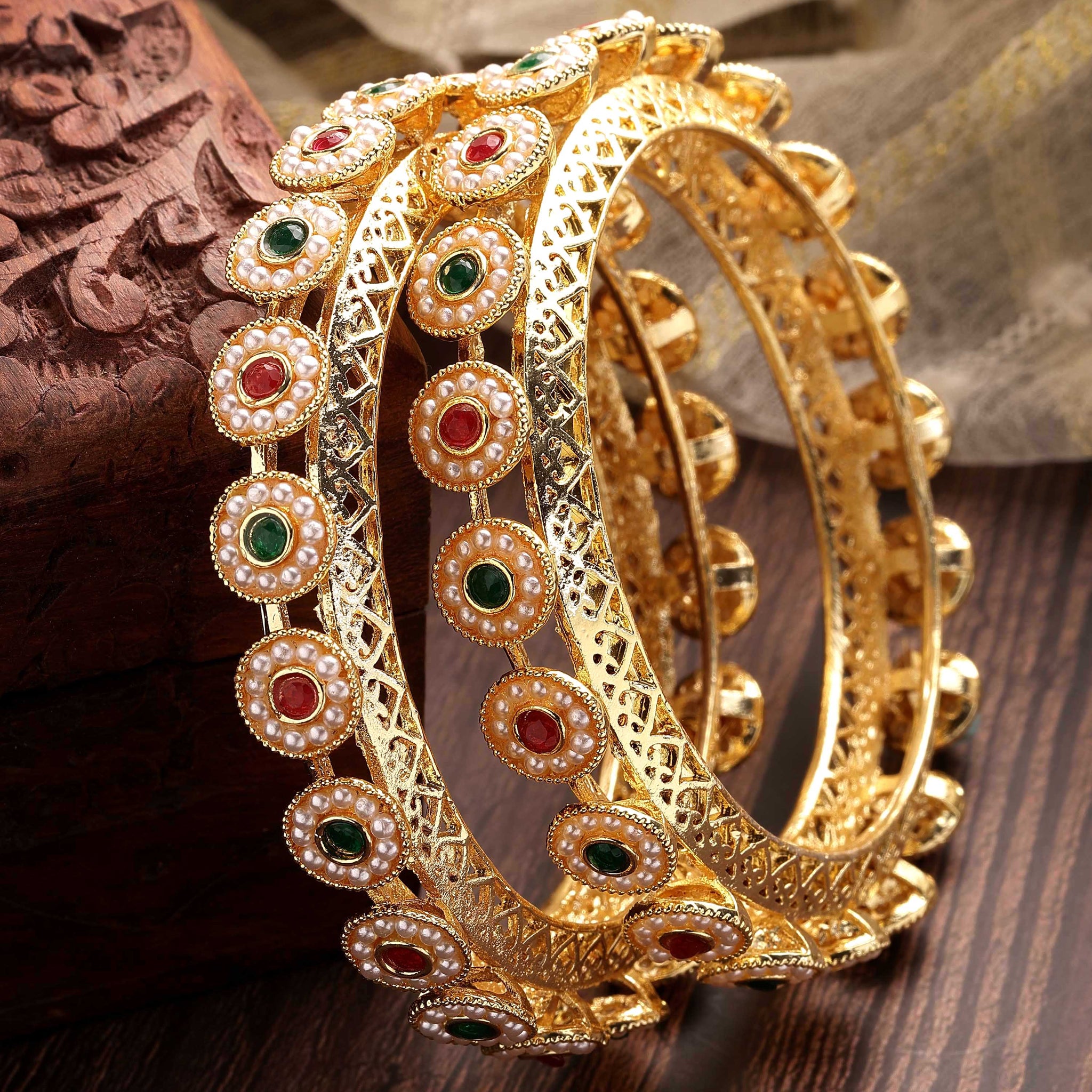 Karatcart Set of 2 Red and Green Stone Studded Gold Plated Pearl Bangles for Women