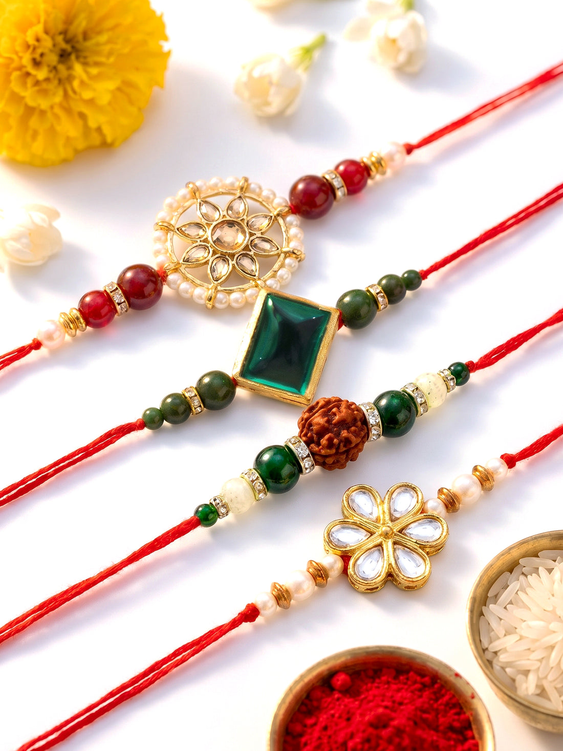 KARATCART Set of 4 Gold-Plated Kundan Rakhi with Roli Chawal for Brother