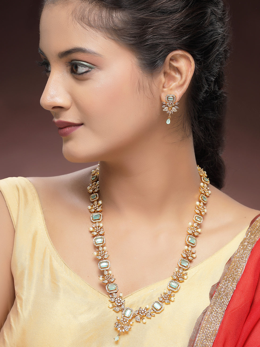 KARATCART Traditional Gold-Plated Lime Green American Diamond Rani Haar Jewellery Set for Women