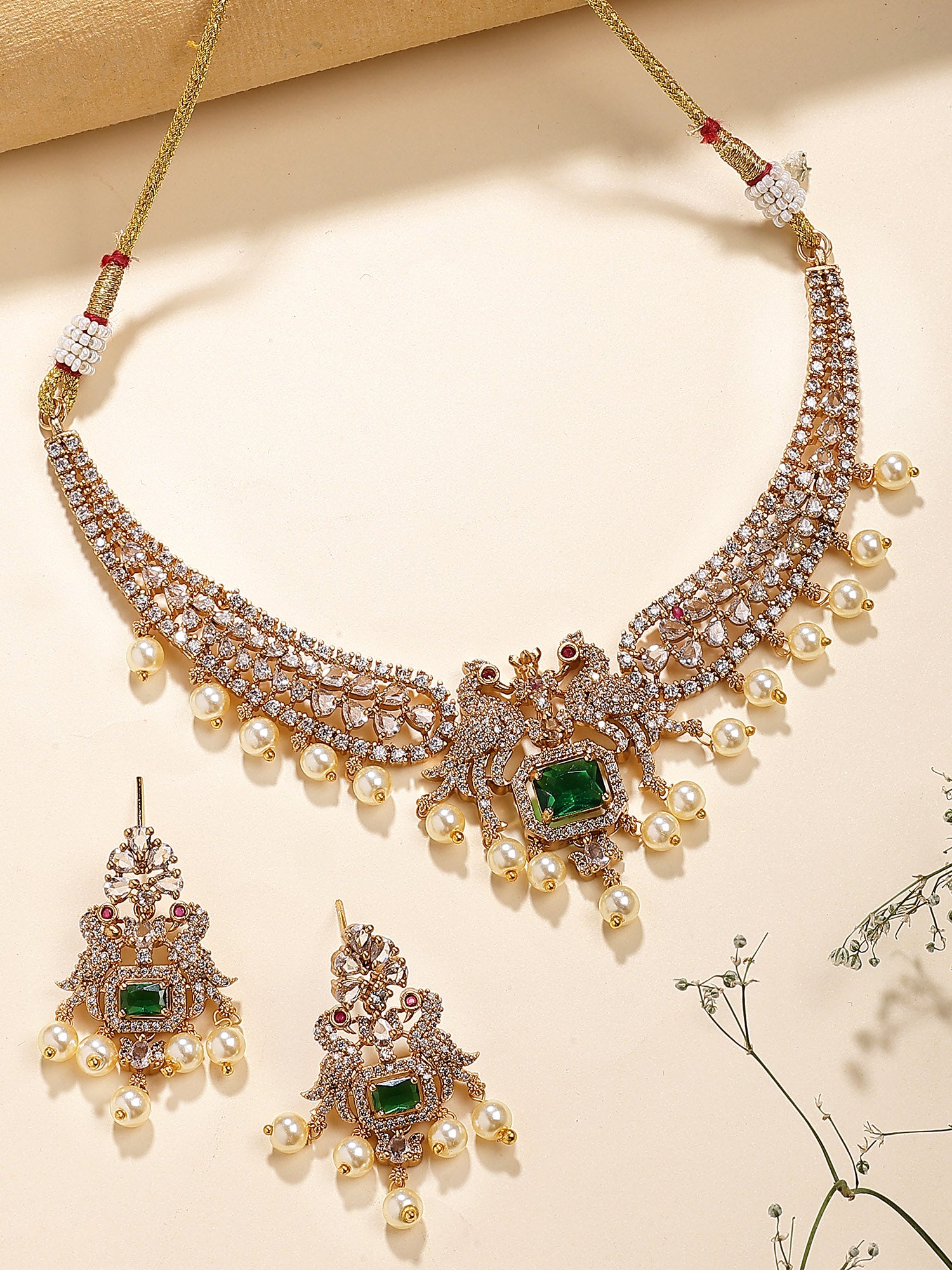 Karatcart Karatcart Royal Green American Diamond Temple Jewellery Set for Women