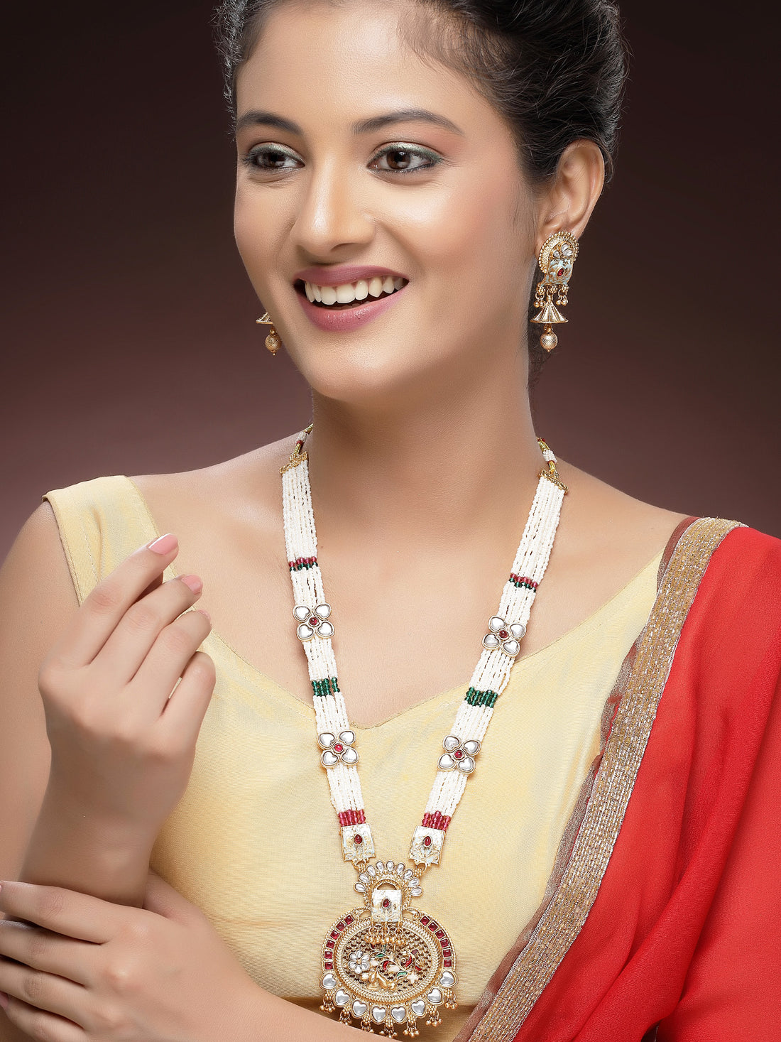 KARATCART Designer Gold-Plated Floral Enamel Rani Haar Necklace Set for Women